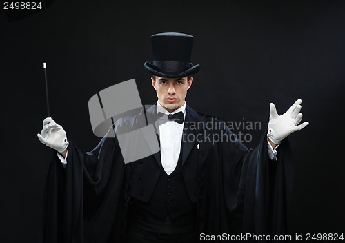 Image of magician in top hat with magic wand showing trick