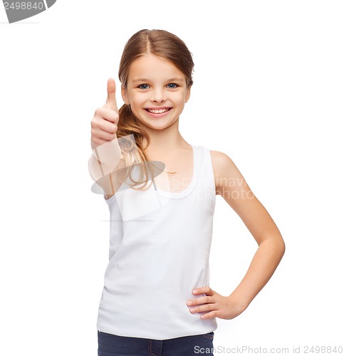 Image of girl in blank white shirt showing thumbs up