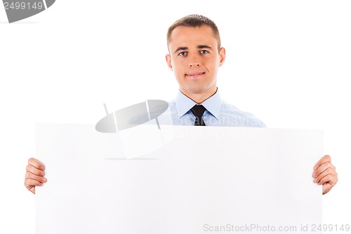 Image of businessman holding white placard