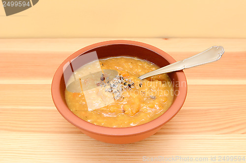 Image of Bowl of seasoned lentil and vegetable soup