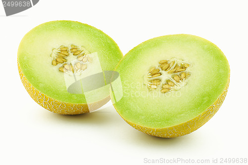Image of Two halves of yellow melon cantaloupe