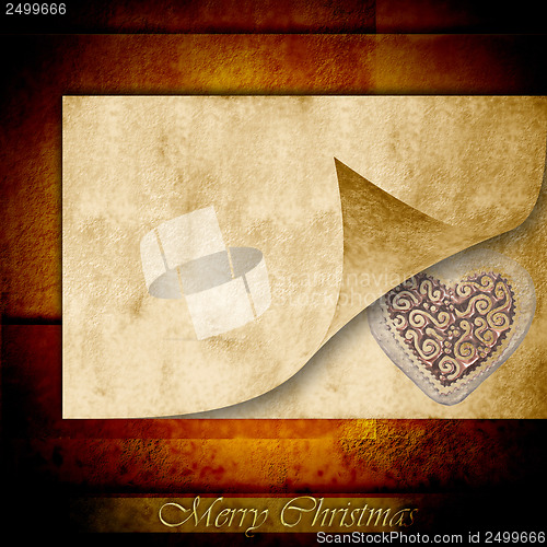 Image of merry christmas card, heart on parchment