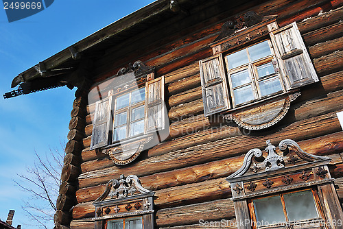 Image of facade of the traditional russian wooden house 