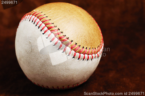 Image of dirty baseball, white and brown against a dark background
