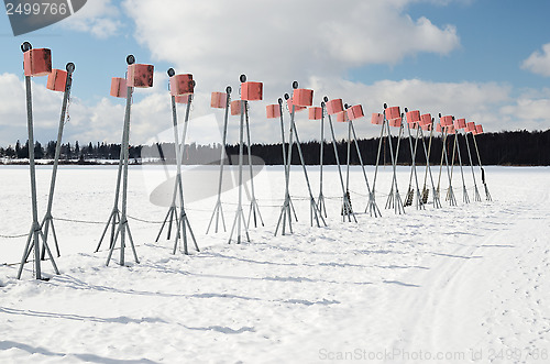 Image of empty boat park on the lake in winter 