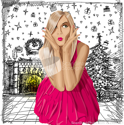 Image of Vector Surprised Blonde in Pink Dress