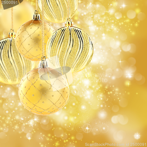 Image of Golden Christmas balls. Collage.