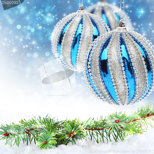 Image of Pine branch and blue Christmas balls.