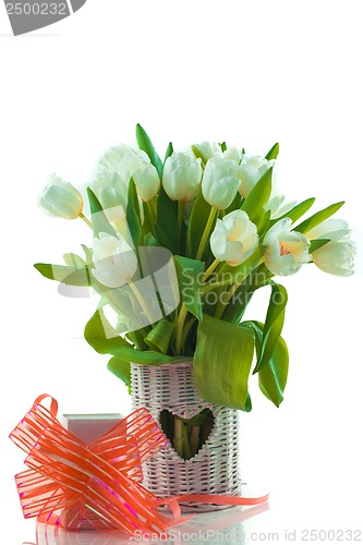 Image of tulips in basket with heart and giftbox