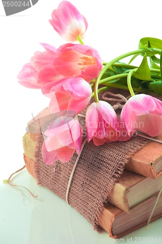 Image of Pink tulips on old books