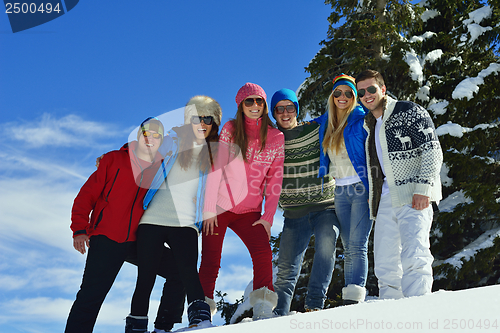 Image of friends have fun at winter on fresh snow