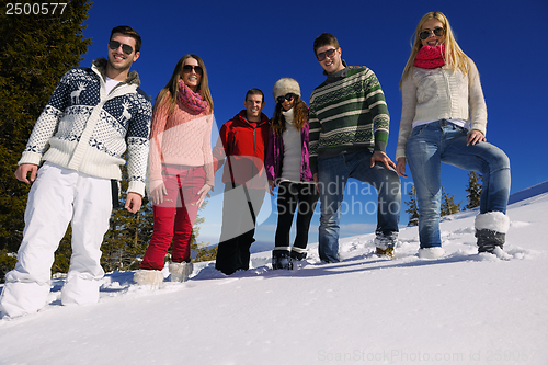 Image of friends have fun at winter on fresh snow