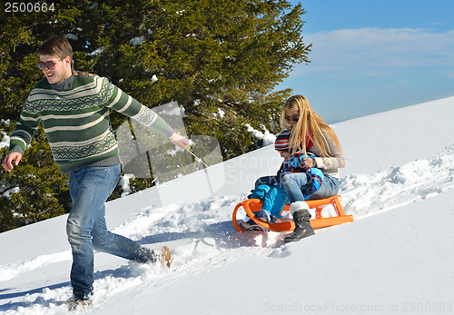 Image of family having fun on fresh snow at winter vacation