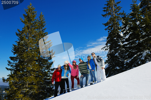 Image of friends have fun at winter on fresh snow