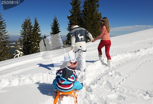 Image of family having fun on fresh snow at winter vacation