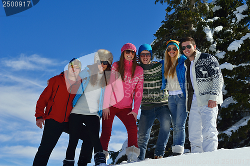 Image of friends have fun at winter on fresh snow
