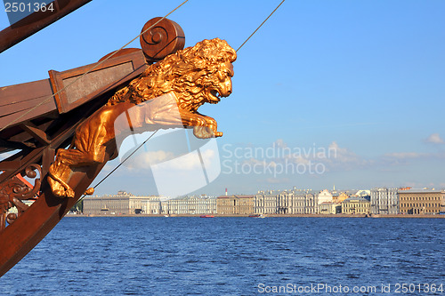 Image of sculpture of lion on ship in St. Petersburg