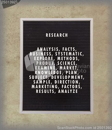 Image of Research concept in plastic letters on very old menu board