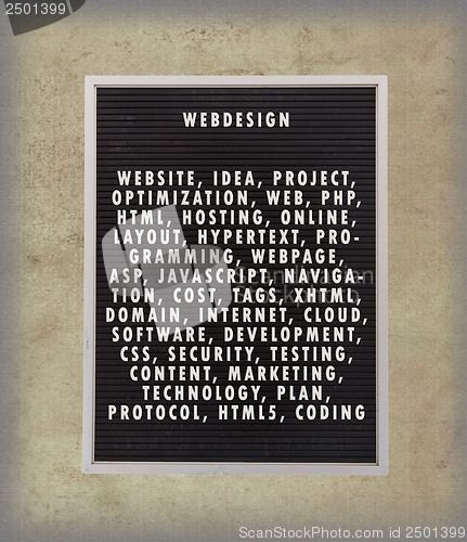 Image of Webdesign concept in plastic letters on very old menu board