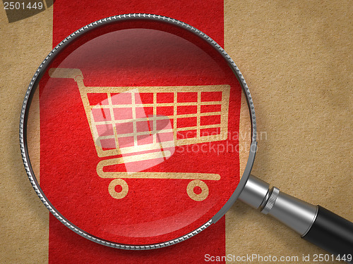 Image of Magnifying Glass with Shopping Cart Icon.