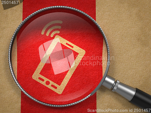 Image of Magnifying Glass with Smartphone Icon.