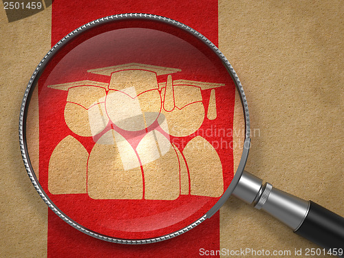 Image of Magnifying Glass with Group of Graduates Icon.