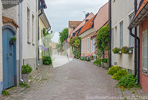 Image of Street with old houses in a Swedish town Visby