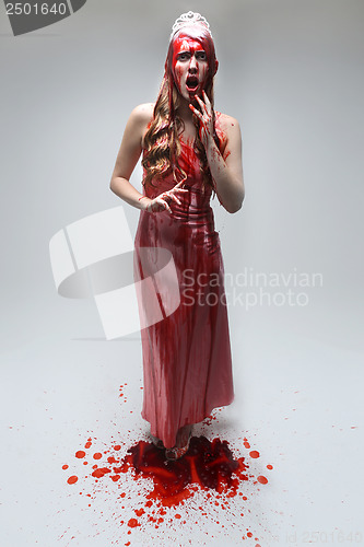 Image of Scary Woman Dripping in Blood Wearing Prom Dress