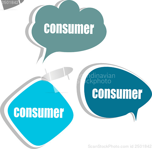 Image of consumer word on modern banner design template. set of stickers, labels, tags, clouds