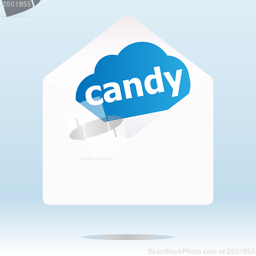 Image of candy word blue cloud on white mail envelope