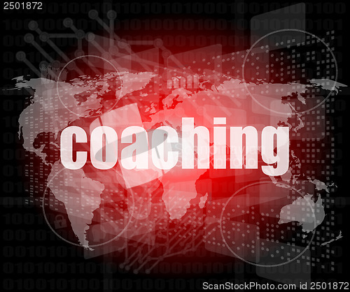 Image of coaching word on touch screen, modern virtual technology background