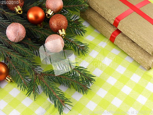 Image of Christmas fir tree with golden gift box set