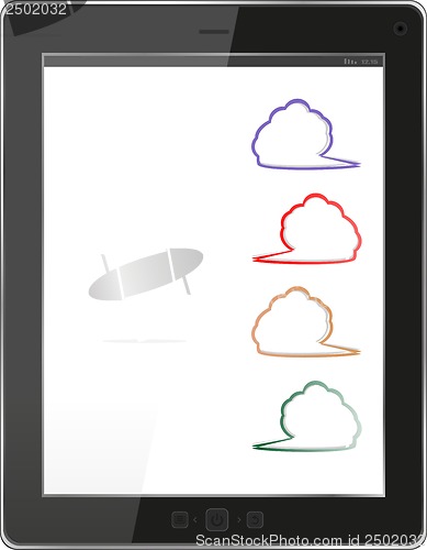 Image of cloud computing concept with tablet PC downloading data. Sticker set on it