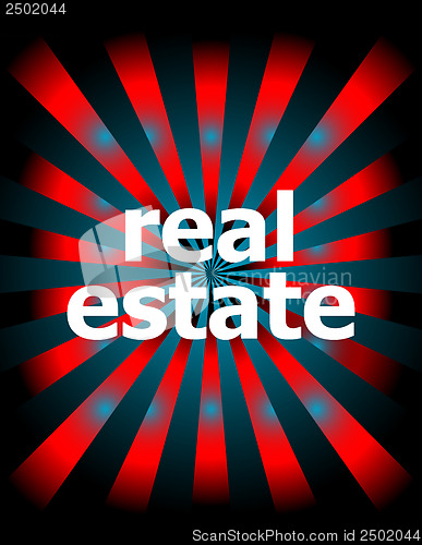 Image of real estate word with motion rays on background