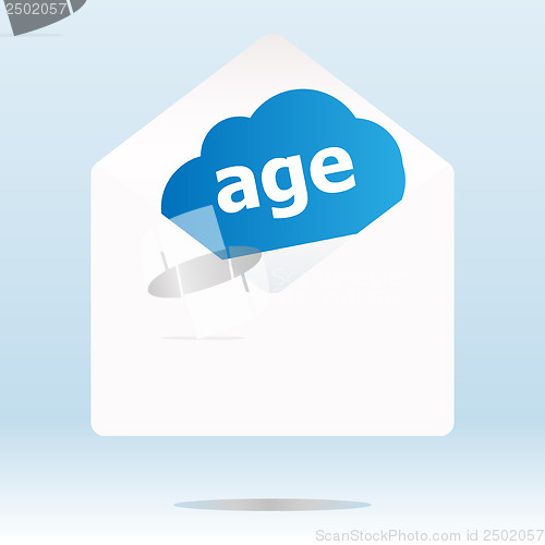 Image of age word blue cloud on white mail envelope