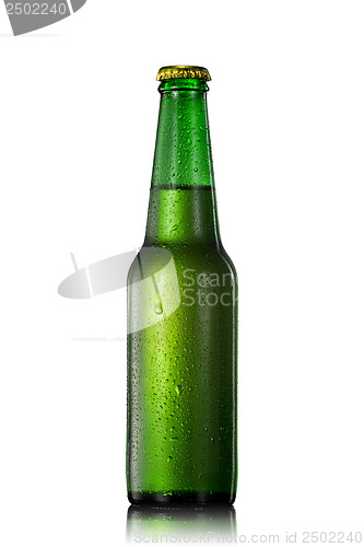 Image of Beer bottle with water drops isolated on white