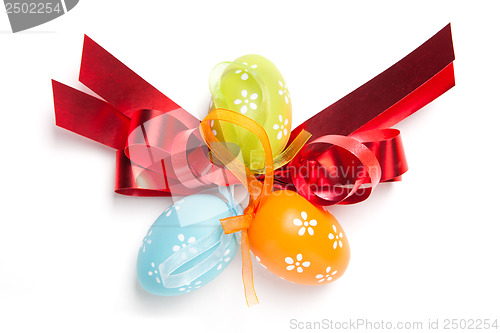 Image of color easter eggs isolated on white. top view