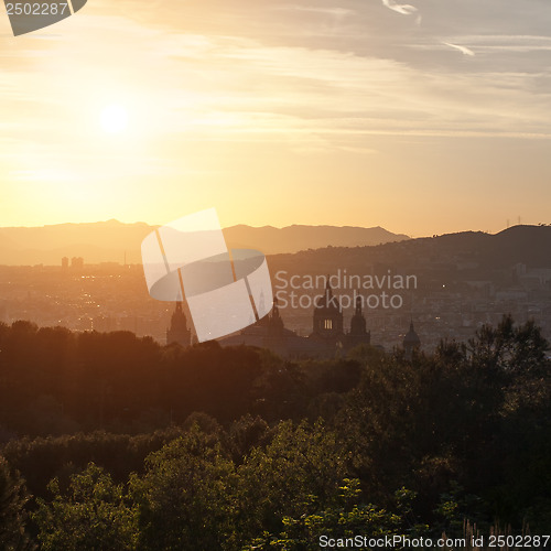 Image of Beautiful sunset on National Museum in Barcelona, Spain