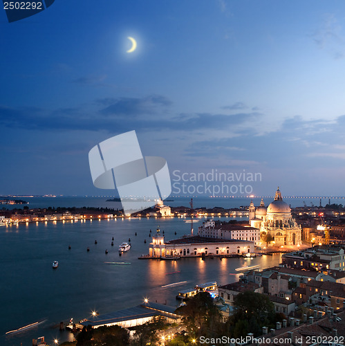 Image of Aerial view of Venice city at evening