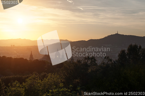 Image of Beautiful sunset on National Museum in Barcelona, Spain