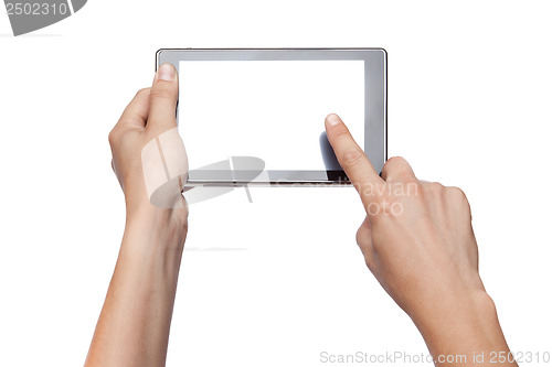 Image of hands holding and touching tablet isolated on white