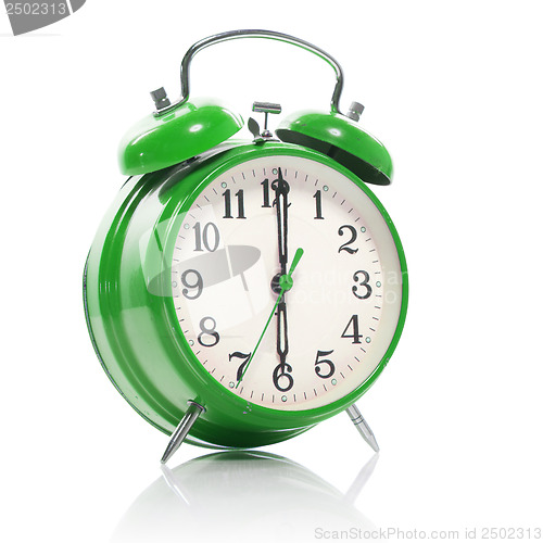 Image of green old style alarm clock isolated on white