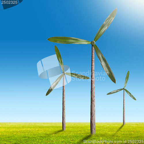 Image of Green energy concept - natural wind generator turbines on summer