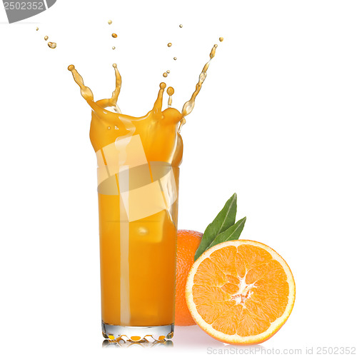Image of splash of juice in the glass with orange isolated on white