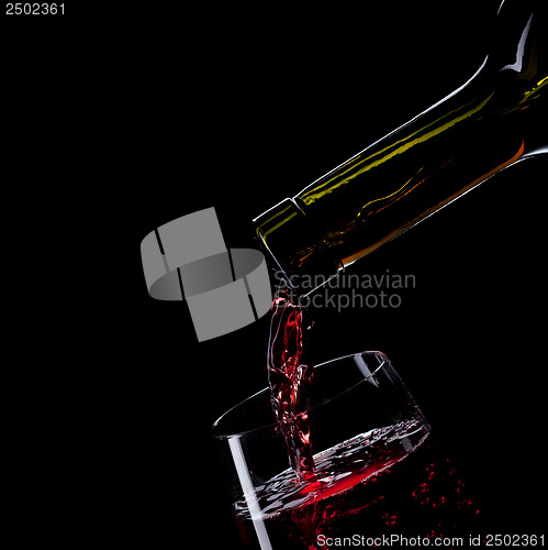 Image of red wine pouring into wine glass isolated on black