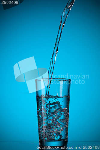 Image of water pouring into glass on blue