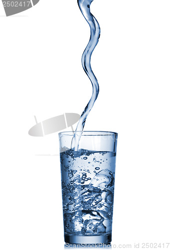 Image of water pouring into the glass with ice isolated on white