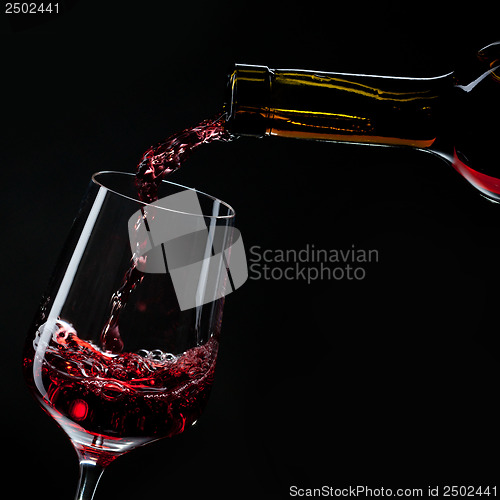 Image of red wine pouring into wine glass isolated on black