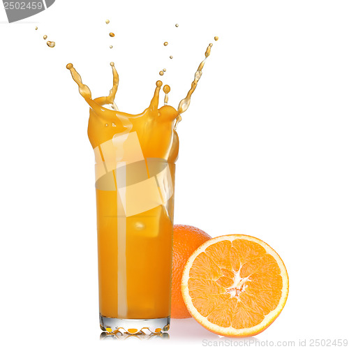 Image of splash of juice in the glass with orange isolated on white