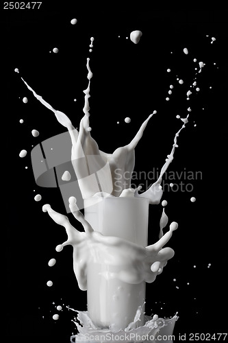 Image of milk splash in glass isolated on black background